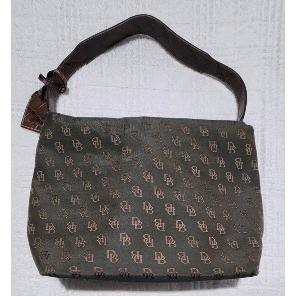 Dooney &‎ Bourke Hobo Shoulder Bag Leather Strap Brown Cloth Logo Handbag